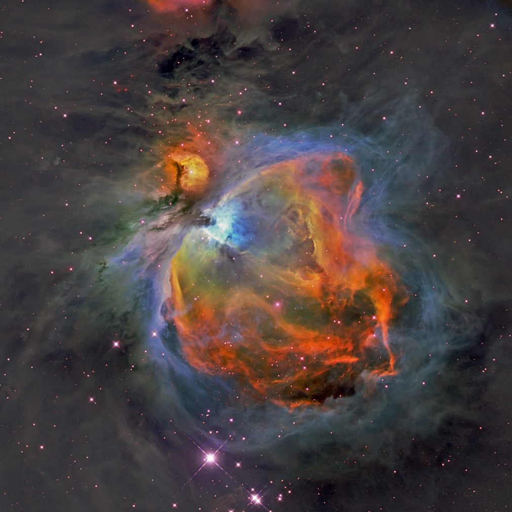 The Great Orion Nebula, Hubble Space Telescope color palette, SII(R), Ha(G) and OIII (B)