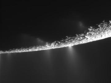Sur cette image brute réalisée à 10000 km d'Encelade, les jets s'échappant des failles sont bien visibles