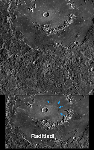 Cette vue du cratère Raditladi a été prise par la sonde Messenger lors de son premier survol de Mercure le 14 janvier 2008