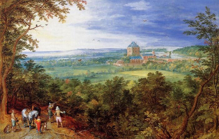 Paysage avec vue sur le château de Mariemont  : En bas à gauche, de ce tableau de Jan Bruegel l'Ancien, on voit l'archiduc Albert VII de Habsbourg tenant l'une des toutes premières lunettes