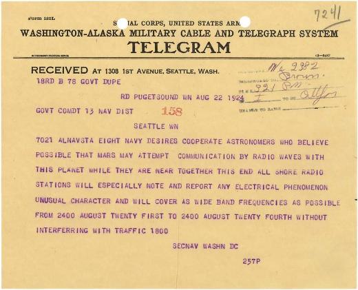 Télégramme du chef des opérations navales de l'armée des Etats-Unis demandant à toutes les stations militaires de guetter d'éventuels signaux émis par des martiens, le 22 août 1924.