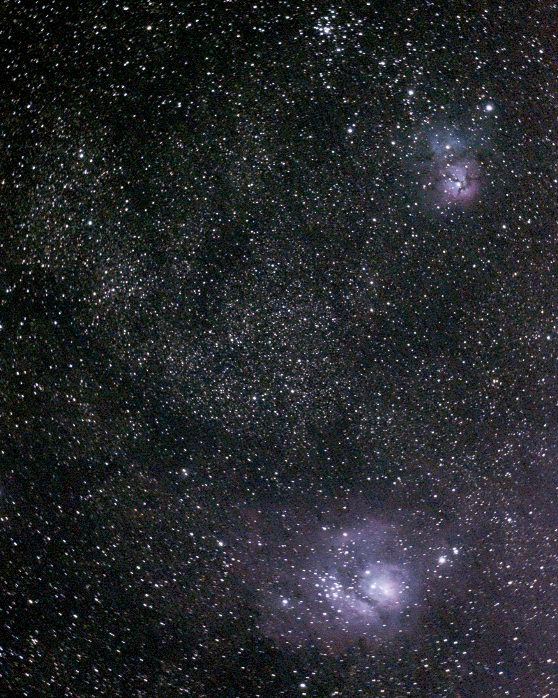 Nebulosas Messier "Lagoa" e Messier 0 "Trifida", enxames Messier 21 e NGC 6548, globular NGC 6544 e Bochum 14 