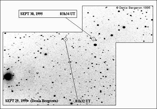 Image montrant le l'astéroïde 1995SB5 dans le ciel sur deux nuits consécutives