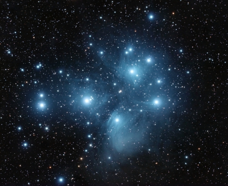 M45.jpg -          texto_bright       Object:M45   Date:18-11-2006       Observingsite: Àger   Telescope: TakahashiFSQ-106N  @ f/5 on GM-8 mount   Camera: Canon20Da   Filters: IDAS LPS   Exposure:12 x 10 min ISO800. Total exposure: 2 h   Guiding: ATK-2HS on off-axis guider     Software:Guide K3CCDTools. Camera control: Images Plus. Processing: PixInsight   Comments:   