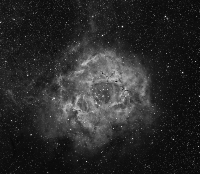 NGC2237_Halfa.jpg -          texto_bright    Object:NGC2237   Date:08-02-2008   Observingsite: Observatory 16b, Àger   Telescope: TakahashiFSQ-106N  @ f/5 on EM-400 mount   Camera:SBIG STL-11000M  @ -20C   Filters: Astronomik H alfa 13 nm   Exposure:14 x 20 min (unbinned).  Total exposure: 4,6 h    Guiding: Camera guide chip     Software:Guide & camera control: CCDSoft. Processing: PixInsight 1.0 Comment:   