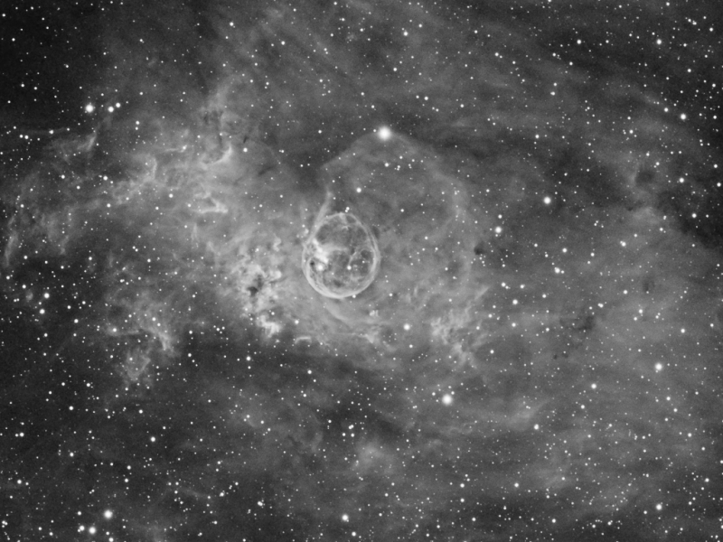 NGC7635_Ha_detail.jpg -          texto_bright    Object:NGC7635   Date:August - October 2012   Observingsite: FNO (Fosca Nit Observatory, Àger)   Telescope: TakahashiTOA-150  @ f/7.3 on EM-400 mount   Camera:SBIG STL-11000M  @ -10/-20C   Filters: Astrodon Ha (6nm)   Exposure:15 x 30 min unbinned.  Totalexposure: 7.5 h     Guiding: Camera guide chip     Software:Guide & camera control: CCDSoft. Processing: PixInsight 1.8 