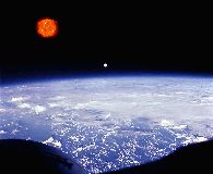 Compositage d'une image du Soleil prise par SOHO avec une photographie de la Terre et de la Lune prise depuis la capsule de Gemini 7.