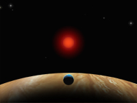Red dwarf star and a 17 J object at 200 AU (exoplanet or another red dwarf). The small moon displayed is speculative