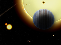 G star 1.3 Rs with 3 bodies : 1 exoplanet 1.15J at 0.004 AU and 1 stellar binary system (M and K star at 12 AU).