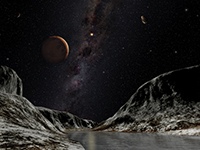 Icy Pluto landscape with its 3 moons close to conjunction.