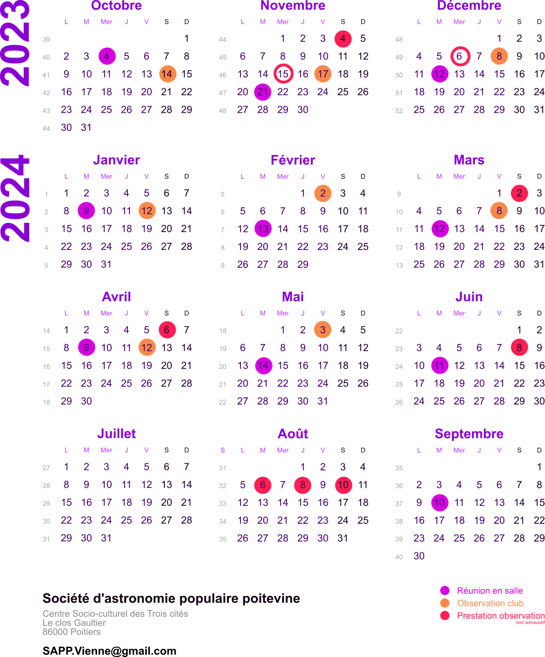 calendrier des événements