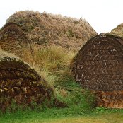 Maisons de tourbes, comme on les fabriquait au 19eme siecle en Islande (vue de derrière). Hammeau de Glaumbær, près de la ville de Varmahlíð.